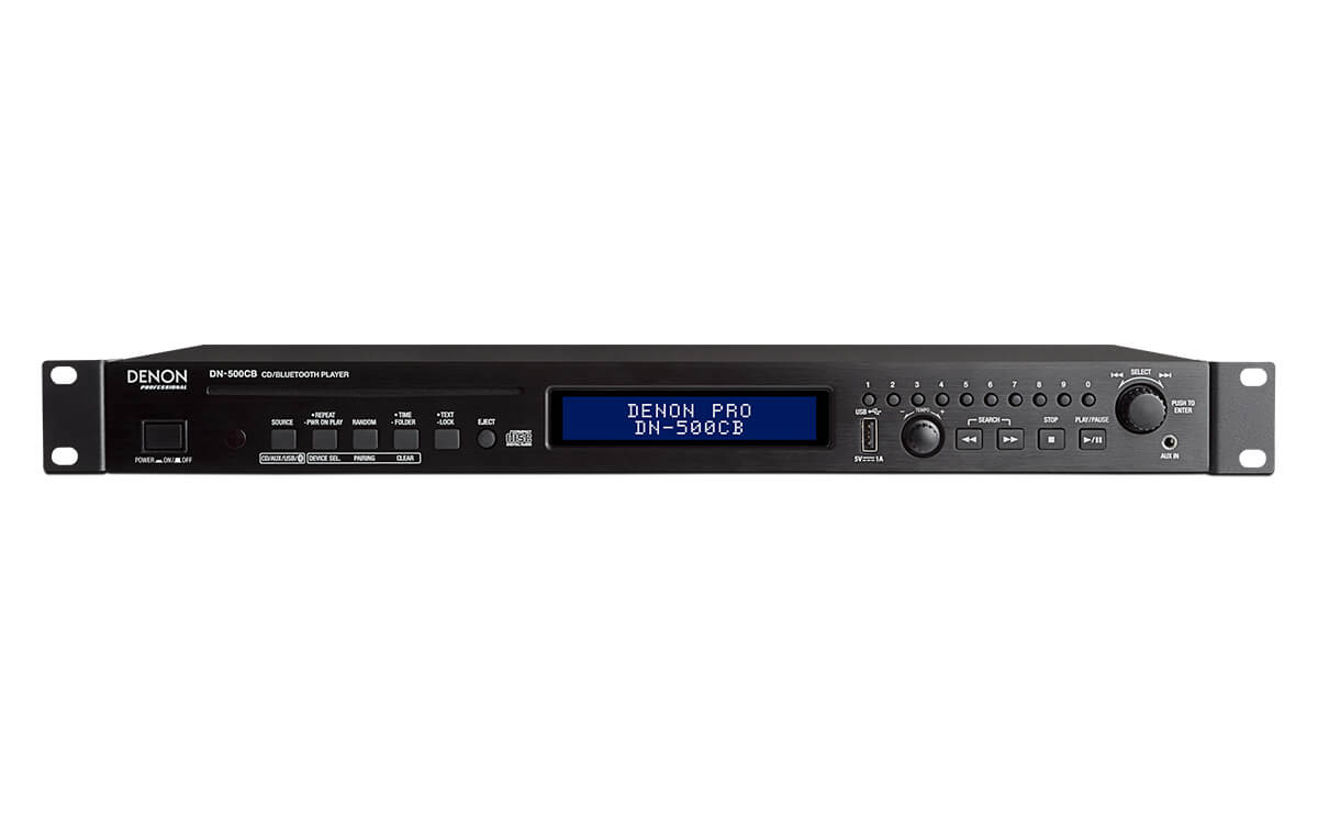 Denon DN-500CB 1U Media Player featuring CD, USB, Bluetooth, and RS-232C control.