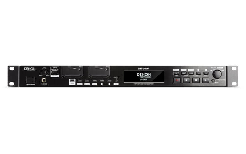 Denon DN-900R 1U Network SD/USB Audio Recorder featuring a Dante interface and web remote control functionality.
