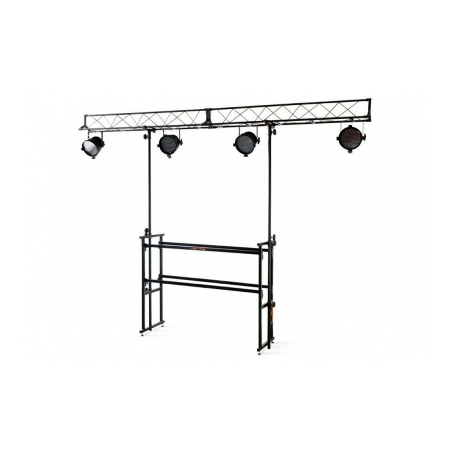 Athletic DJ stand with light truss, 127cm wide, showcasing a mobile setup for DJs.