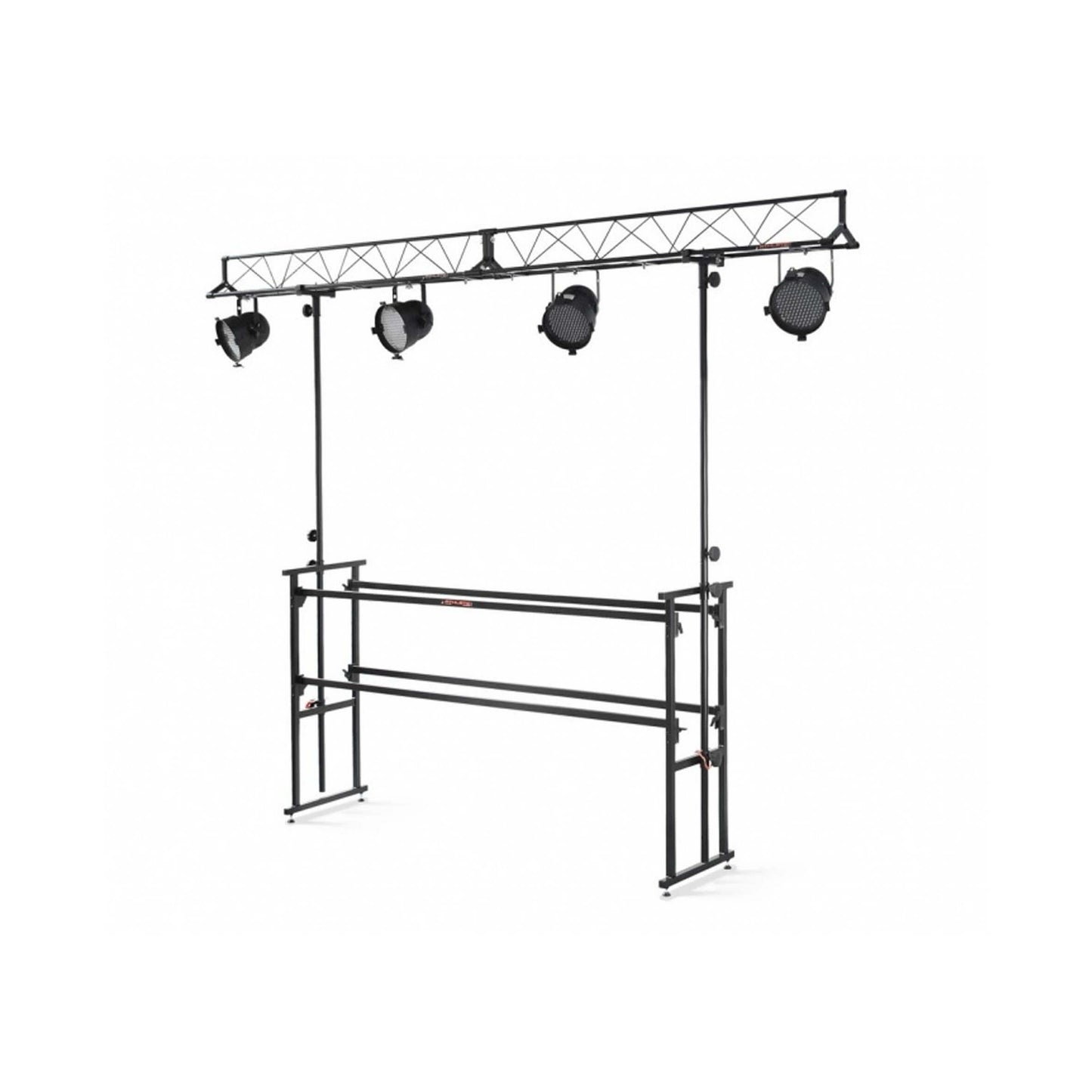 Athletic 186cm wide DJ stand with light truss, ideal for performances and events.