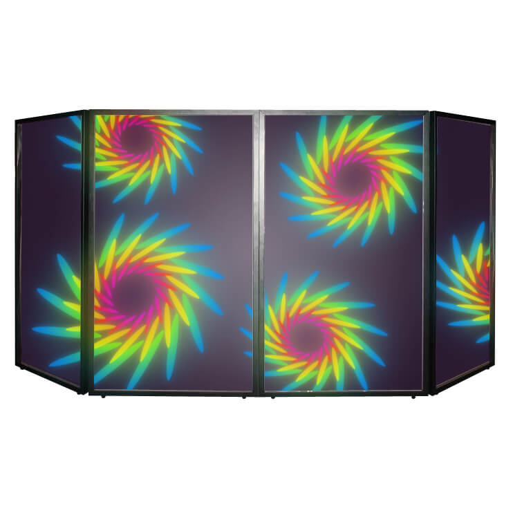 An athletic set of four DJ lighting screens displayed in a vibrant setting, showcasing their design and functionality.