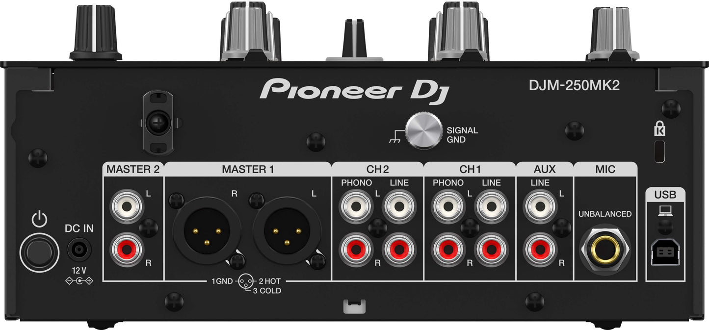 Rear view of the Pioneer DJM-250MK2 Compact 2-Channel DJ Mixer showcasing its connections and design.