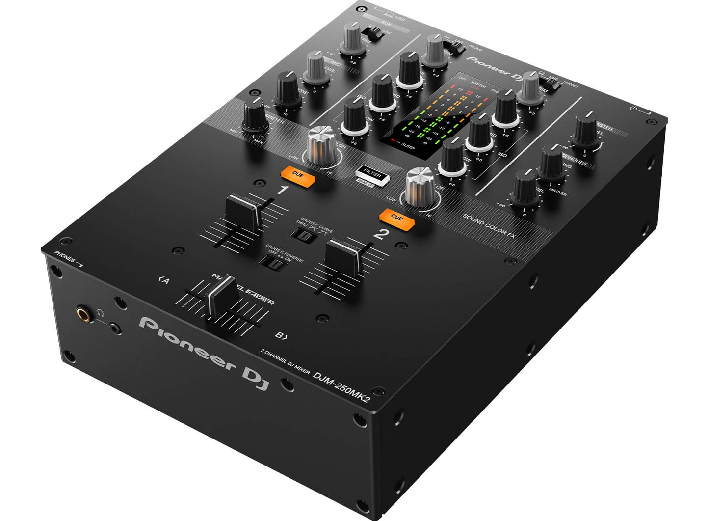 Pioneer DJM-250MK2 compact 2-channel DJ mixer with Rekordbox DVS support, shown at an angle.