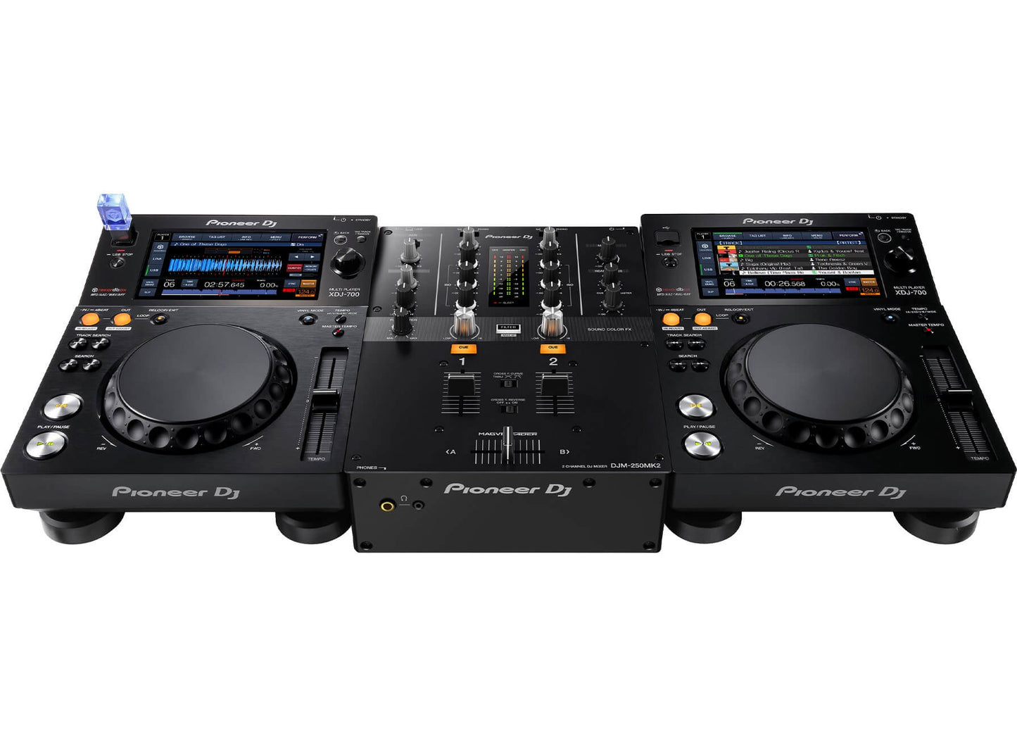 Pioneer DJM-250MK2 Compact 2-Channel DJ Mixer with Rekordbox DVS Support displayed in a professional setting.