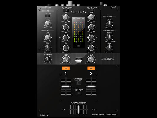 Pioneer DJM-250MK2 Compact 2-Channel DJ Mixer with Rekordbox DVS Support, showcasing its top view design.