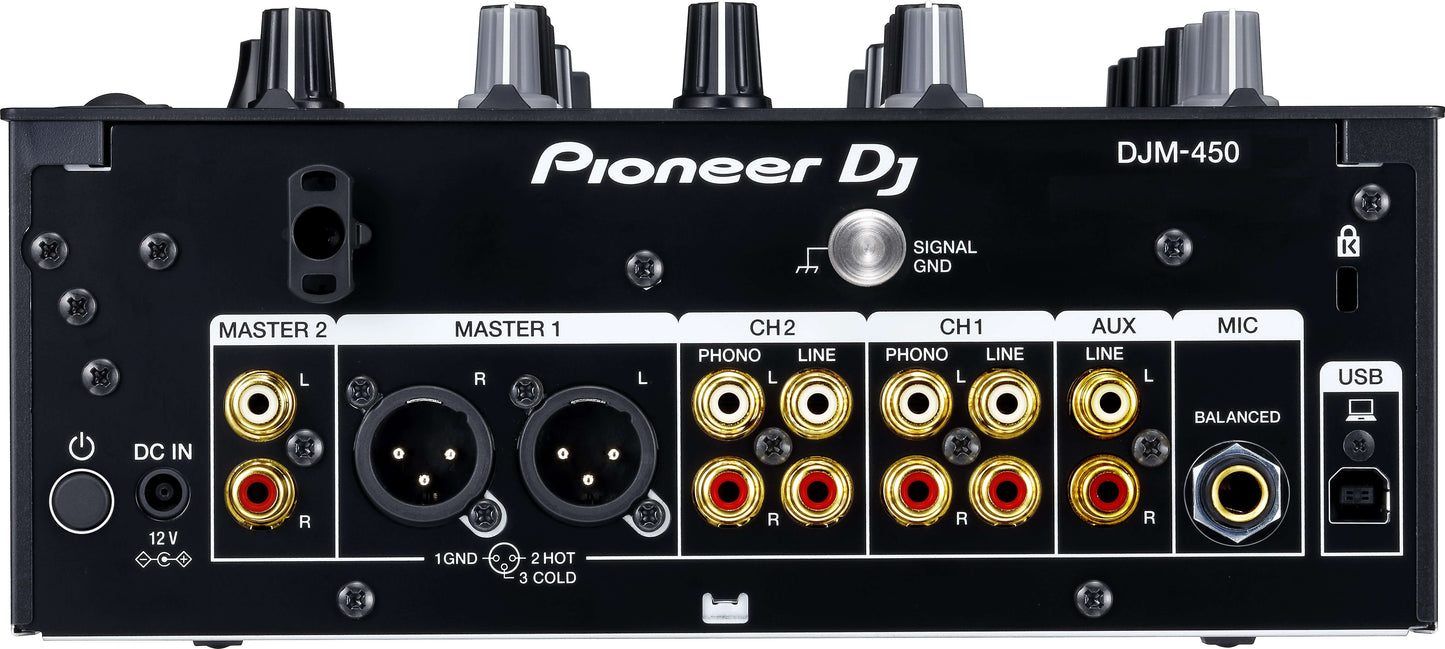 Rear view of the Pioneer DJM-450 2-Channel DJ Mixer showcasing the Magvel Crossfader and Sound Color FX features.