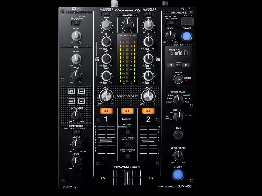 Pioneer DJM-450 2-Channel DJ Mixer featuring Magvel Crossfader and Sound Color FX.
