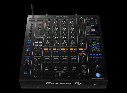 Pioneer DJM-A9 flagship 4-channel DJ mixer showcasing enhanced sound and connectivity features.