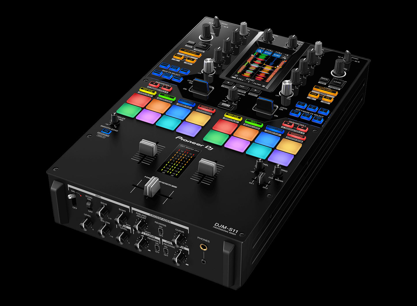 Pioneer DJM-S11 Professional 4-Deck Battle Mixer featuring a customizable touch screen, shown at an angle.