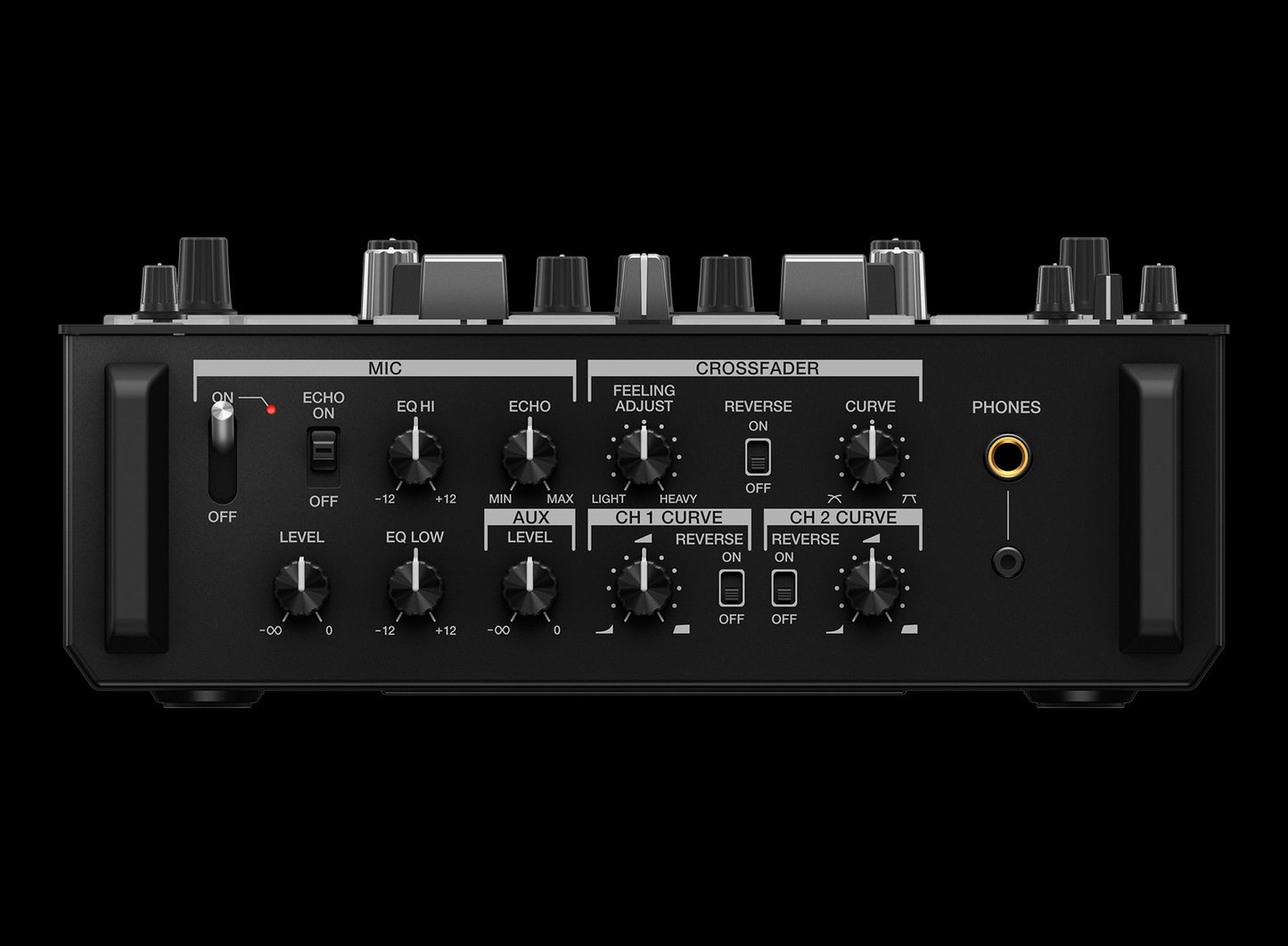 Pioneer DJM-S11 Professional 4-Deck Battle Mixer featuring a customizable touch screen, showcasing its front view.