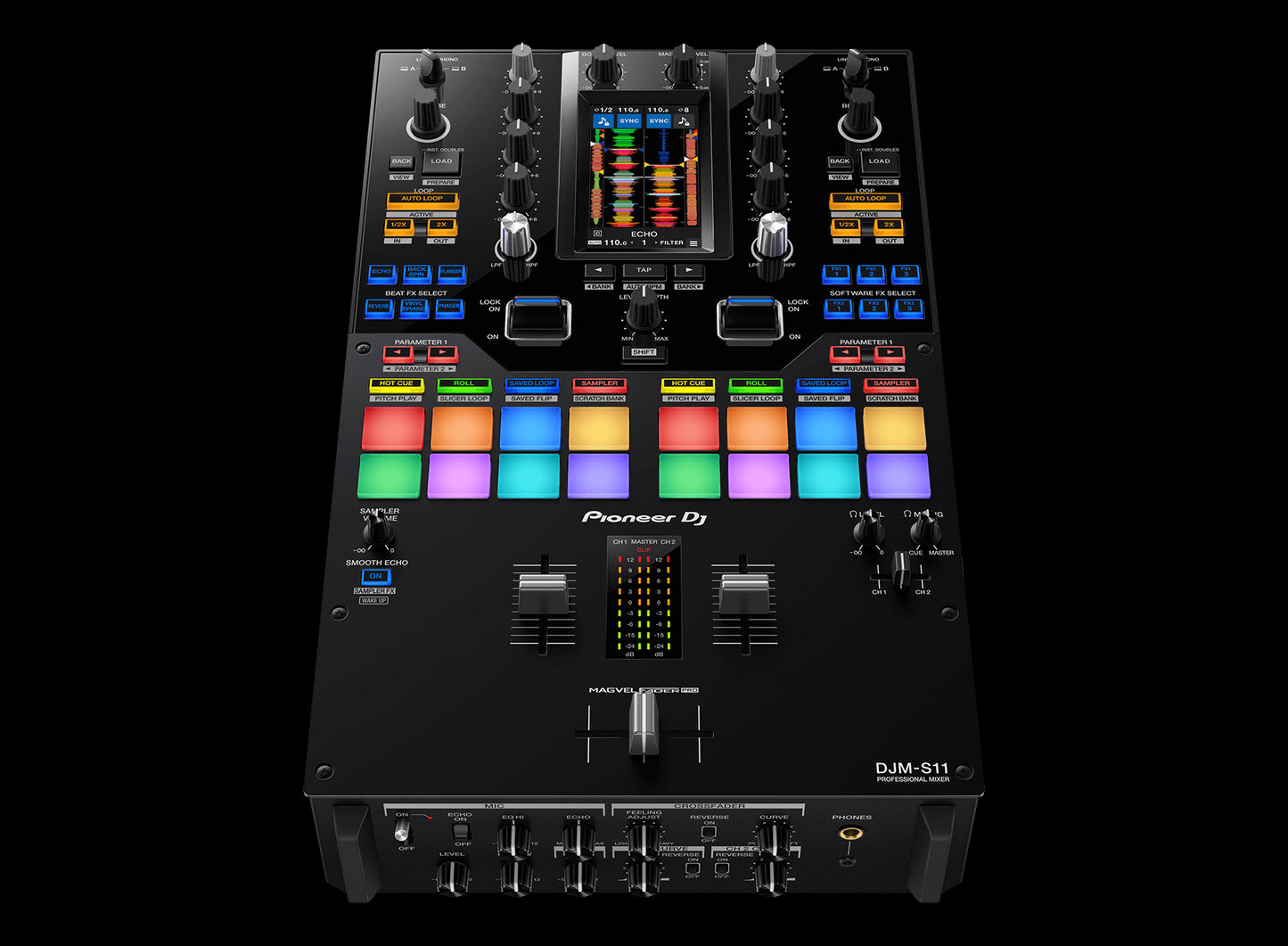 Pioneer DJM-S11 Professional 4-Deck Battle Mixer with customizable touch screen, showcasing the front angle of the product.