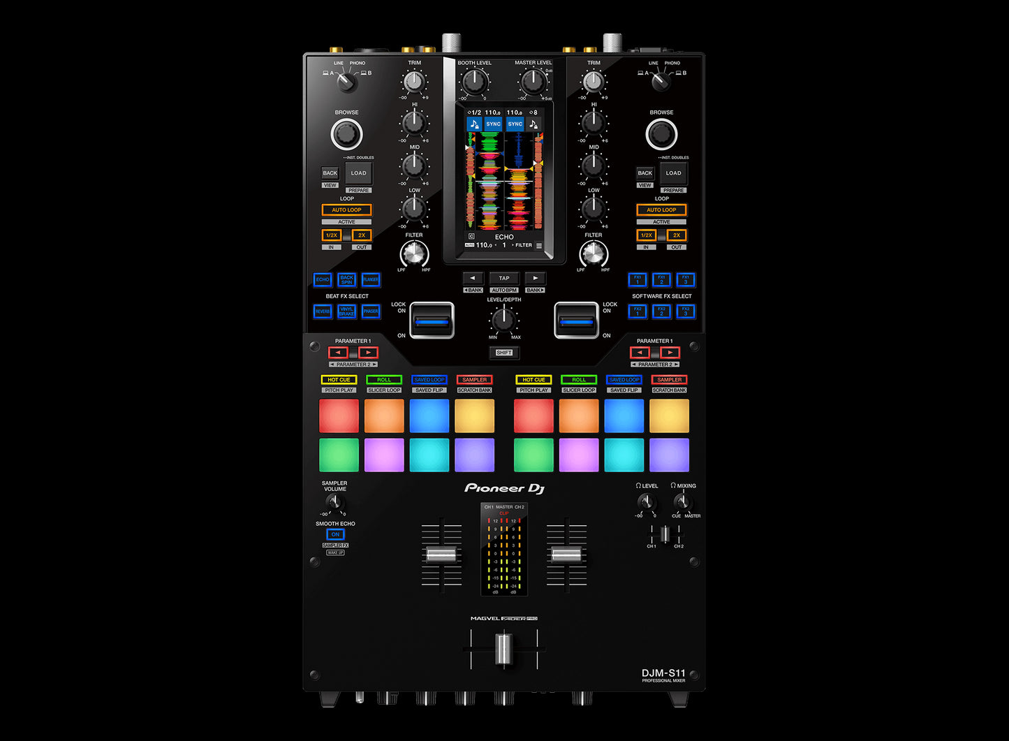 Pioneer DJM-S11 Professional 4-Deck Battle Mixer showcasing a customizable touch screen interface.