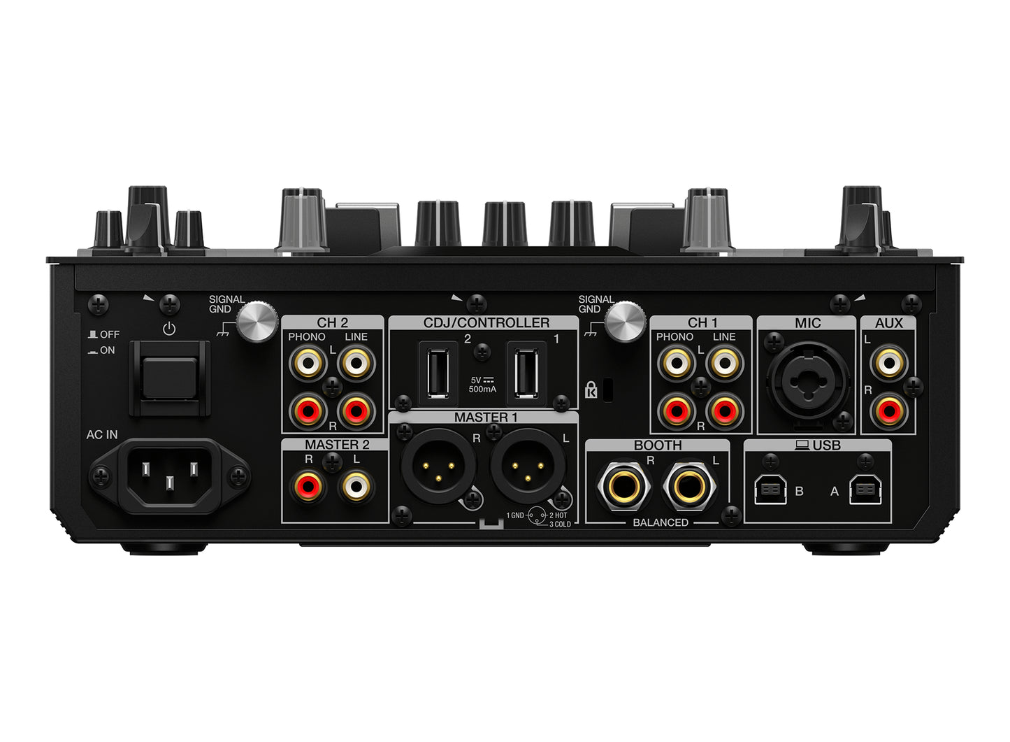 Rear view of the Pioneer DJM-S11 professional 4-deck battle mixer showcasing its customizable touch screen and connectivity options.