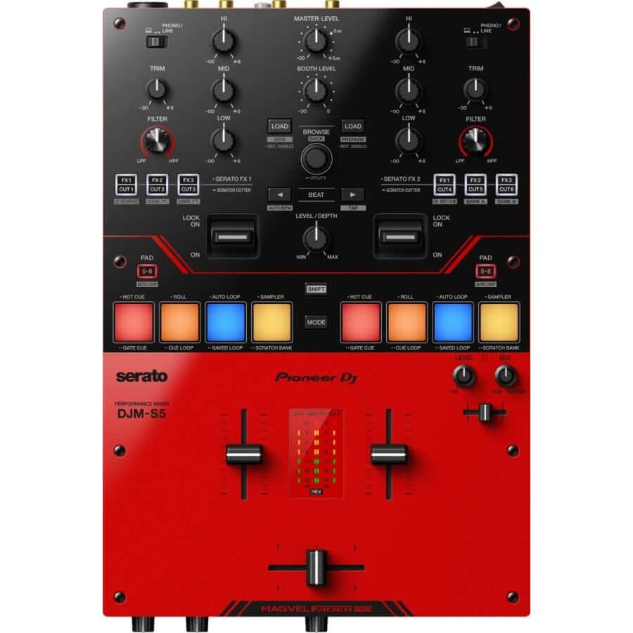 Pioneer DJM-S5 Compact 2-Channel Battle Mixer designed for use with Serato DJ Pro, showcasing its sleek design and professional features.