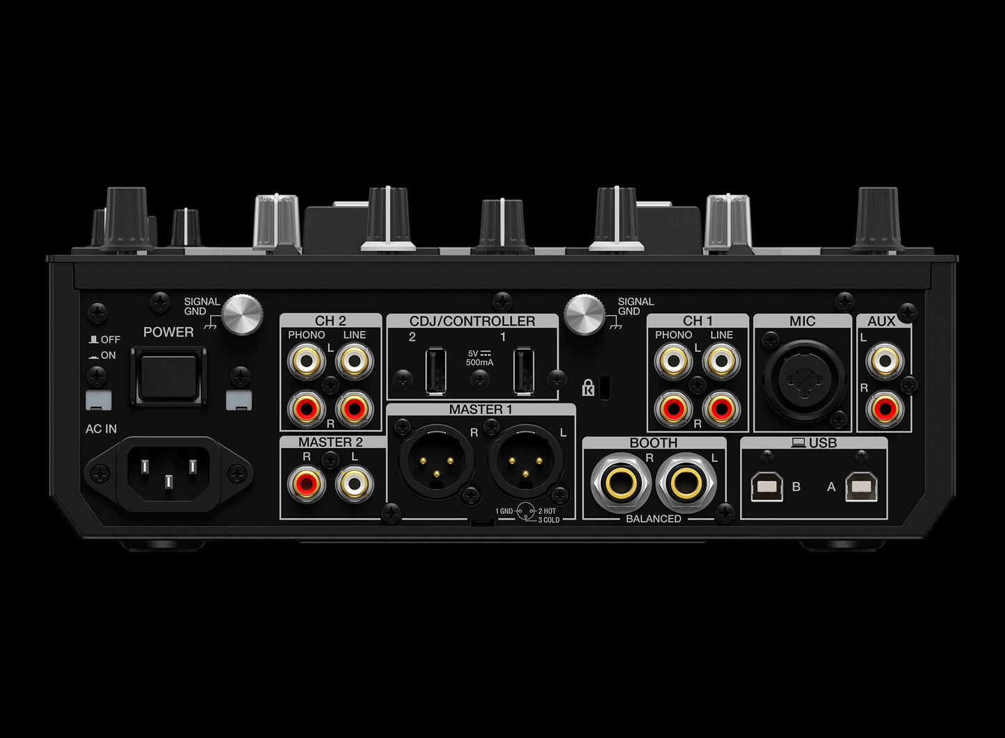Rear view of the Pioneer DJM-S7 customizable 2-channel battle mixer designed for Serato and Rekordbox.