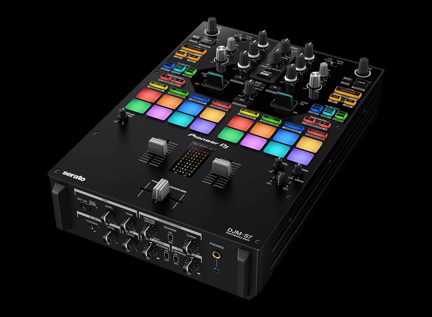 Pioneer DJM-S7 customizable 2-channel battle mixer designed for Serato and Rekordbox, showcasing its angled front view.