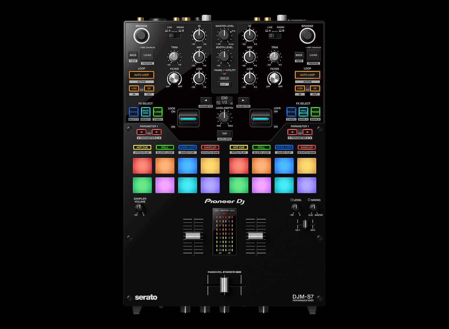 Pioneer DJM-S7 customizable 2-channel battle mixer designed for Serato and Rekordbox, showcasing its top view.