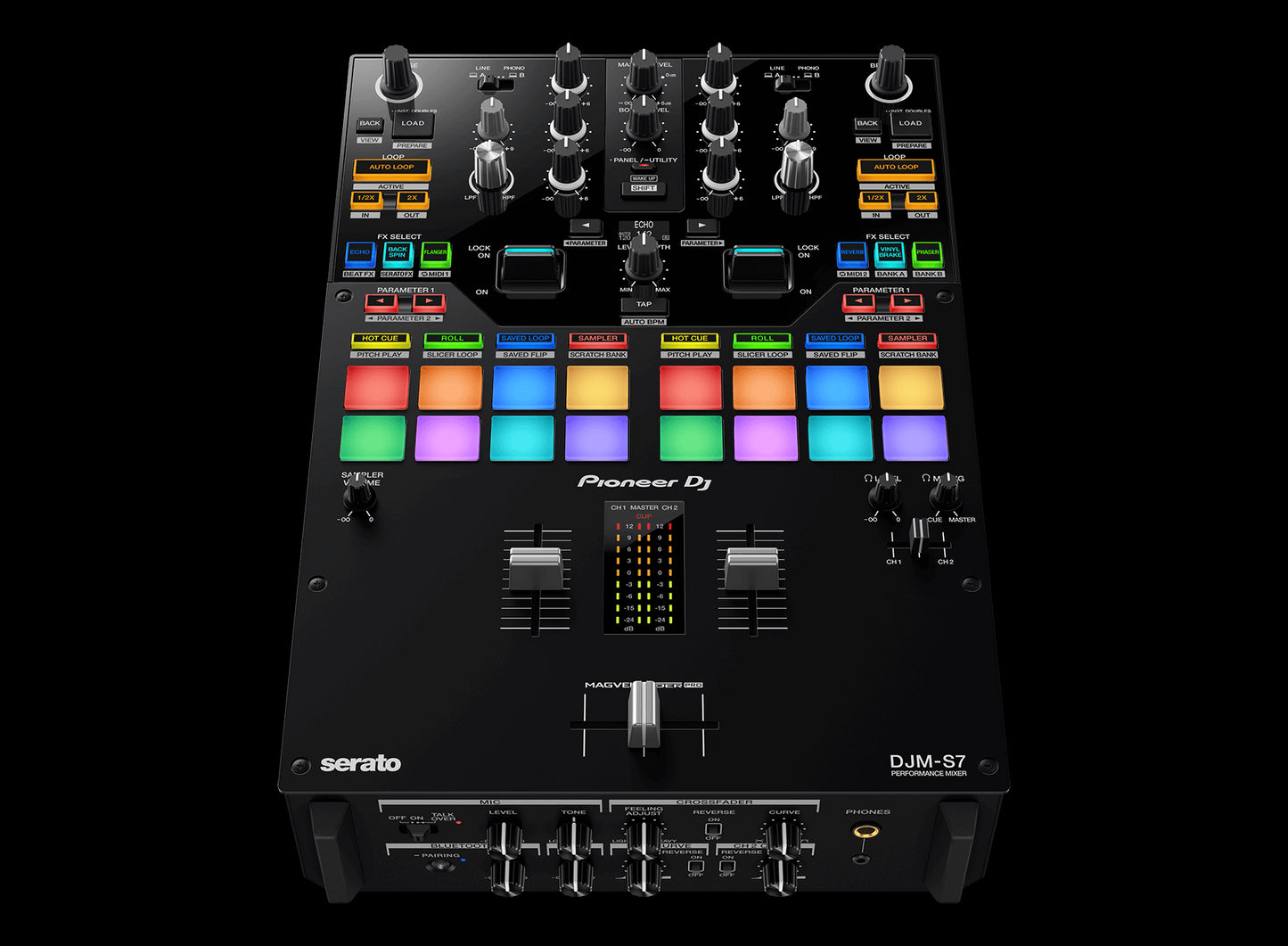 Pioneer DJM-S7 customizable 2-channel battle mixer showcasing its front angle design, compatible with Serato and Rekordbox.