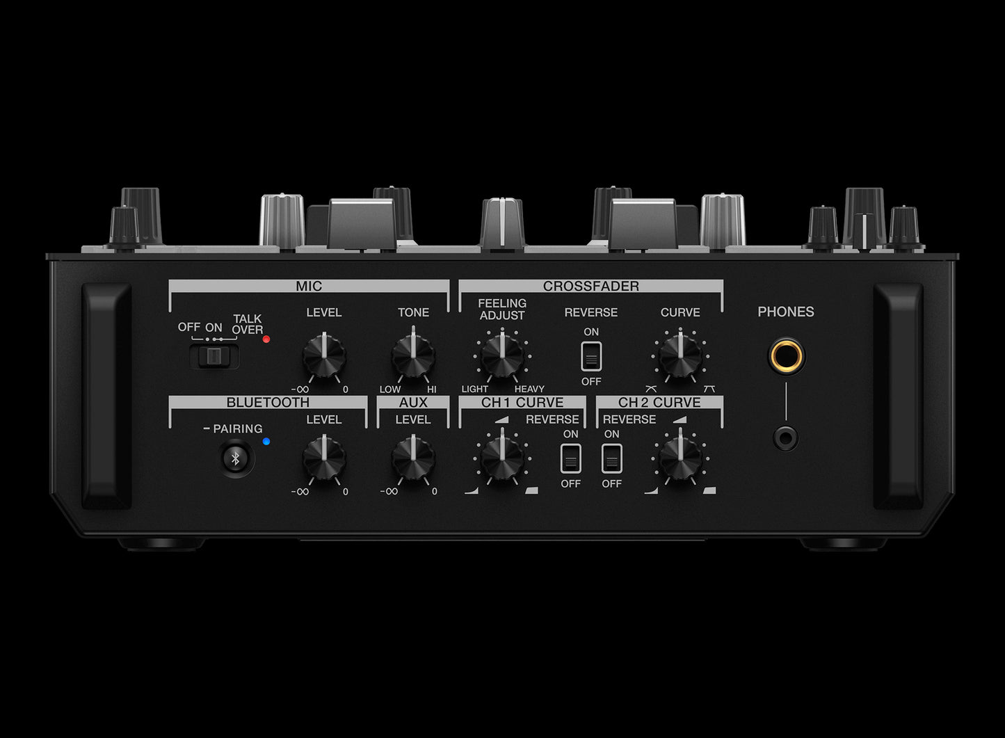 Front view of the Pioneer DJM-S7 customizable 2-channel battle mixer designed for Serato and Rekordbox.