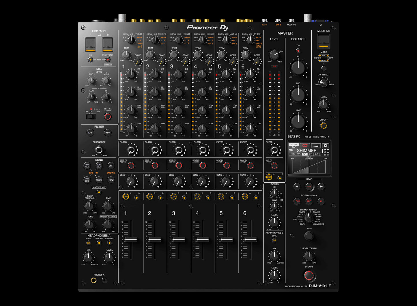 Top view of the Pioneer DJM-V10-LF 6-Channel DJ Mixer showcasing its long faders designed for smooth transitions.