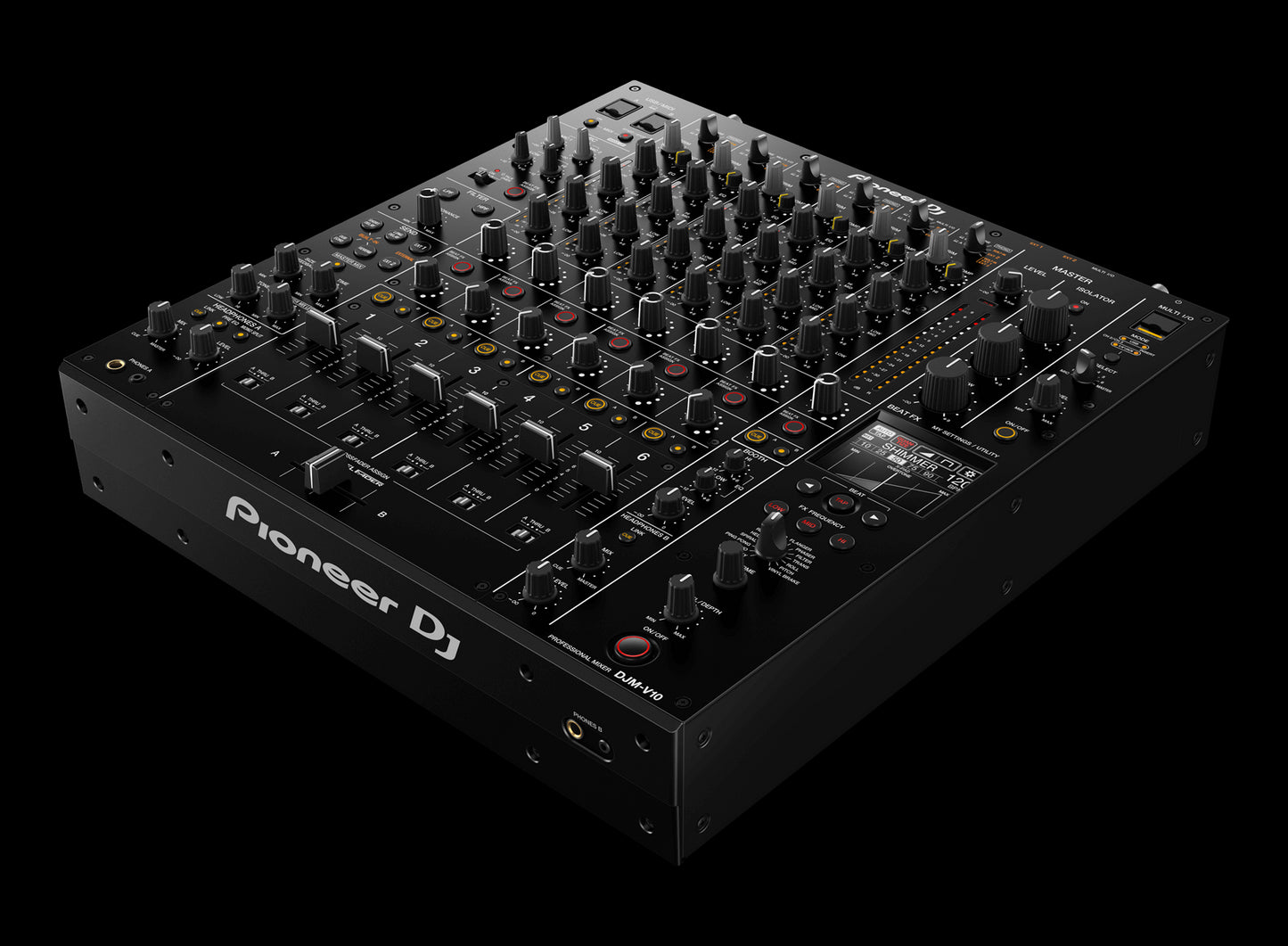 Pioneer DJM-V10 6-Channel Professional DJ Mixer showcasing its angled design for creative mixing.