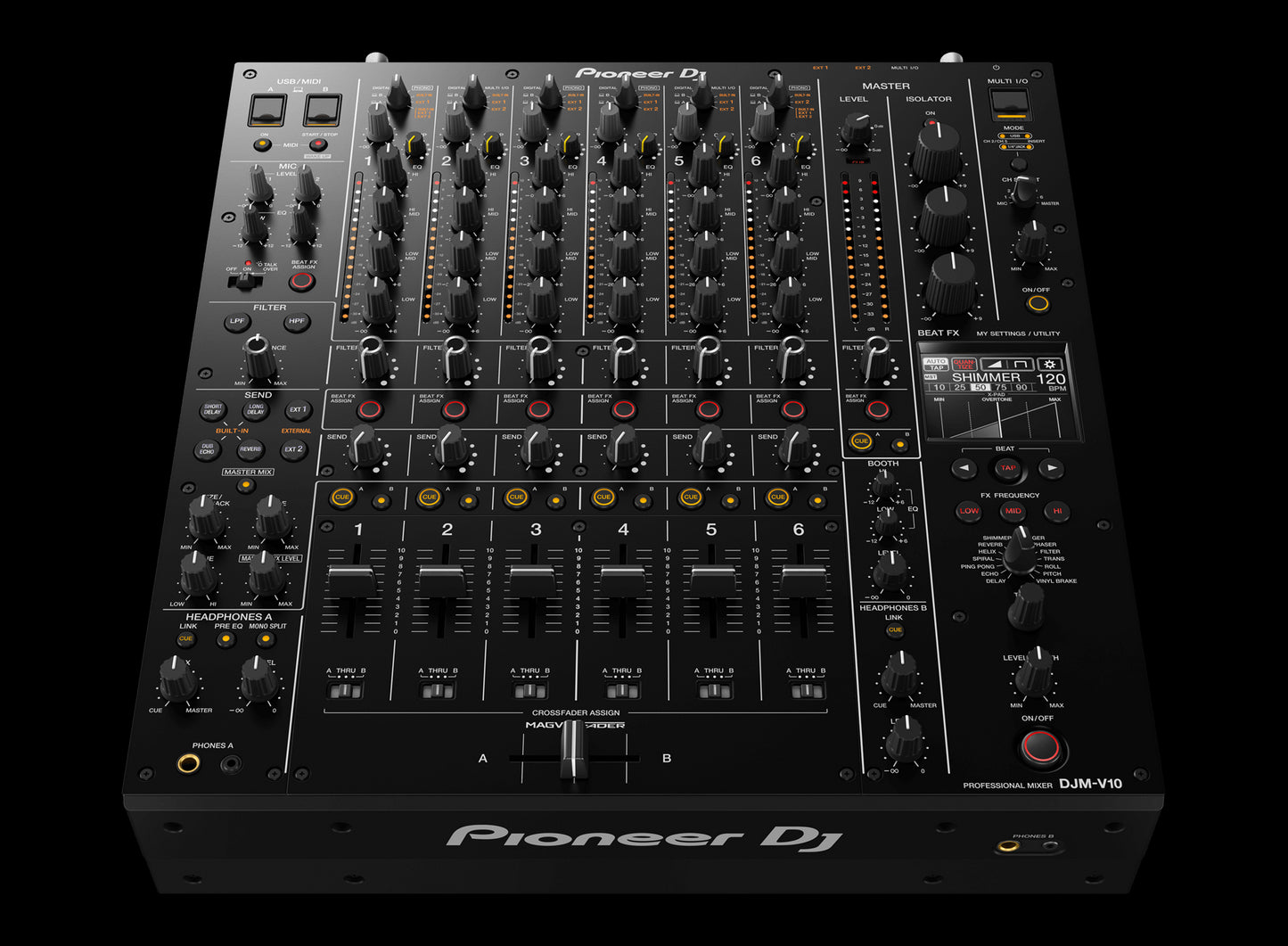 Pioneer DJM-V10 6-Channel Professional DJ Mixer showcasing its front angle design.