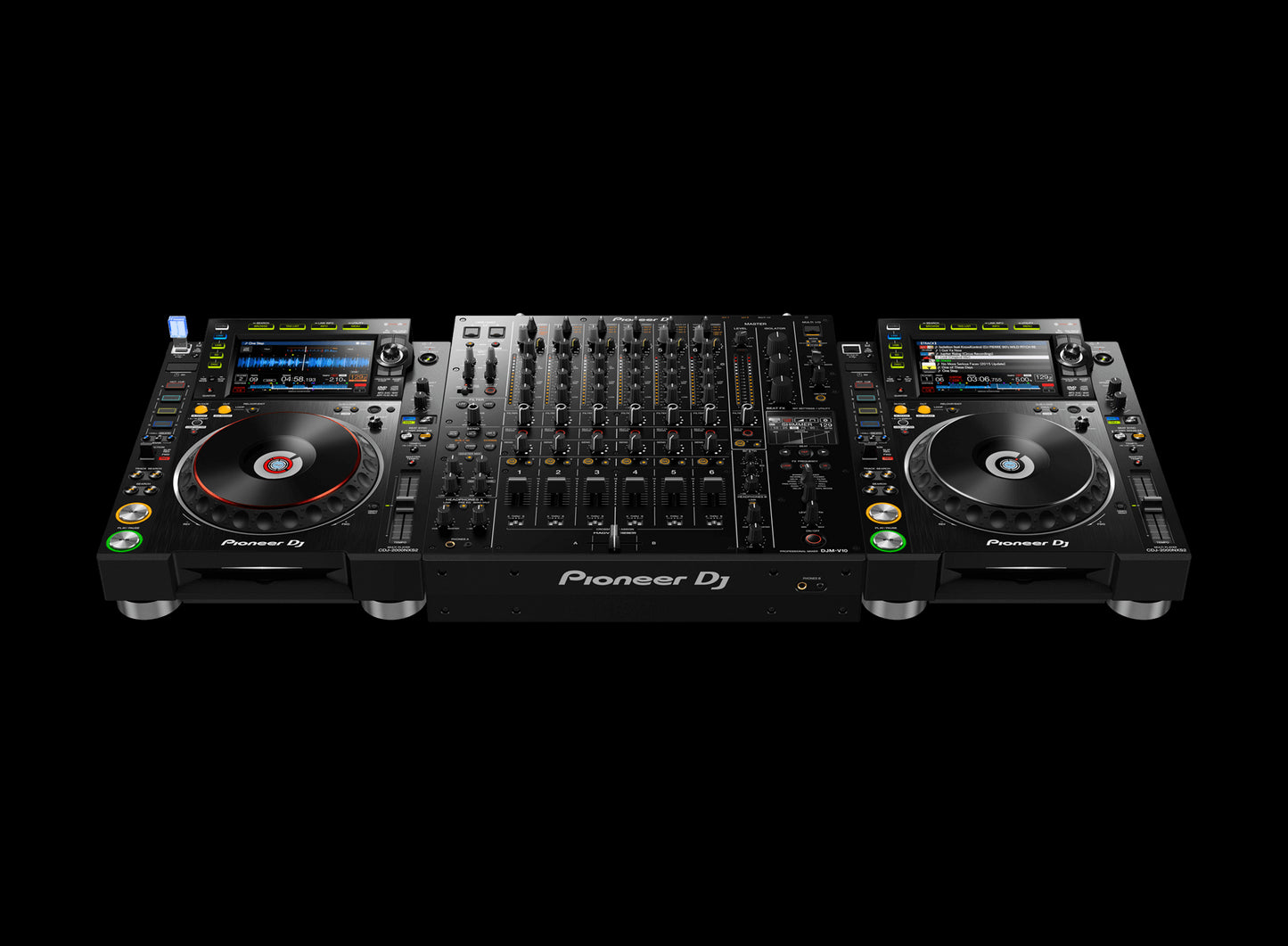 Pioneer DJM-V10 6-channel professional DJ mixer showcased in a setup with CDJ-2000NXS2 players.
