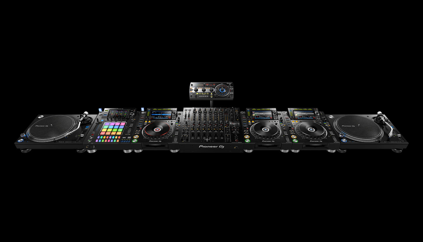 Pioneer DJM-V10 6-Channel Professional DJ Mixer displayed with CDJ-2000NXS2 and PLX-1000 turntables.