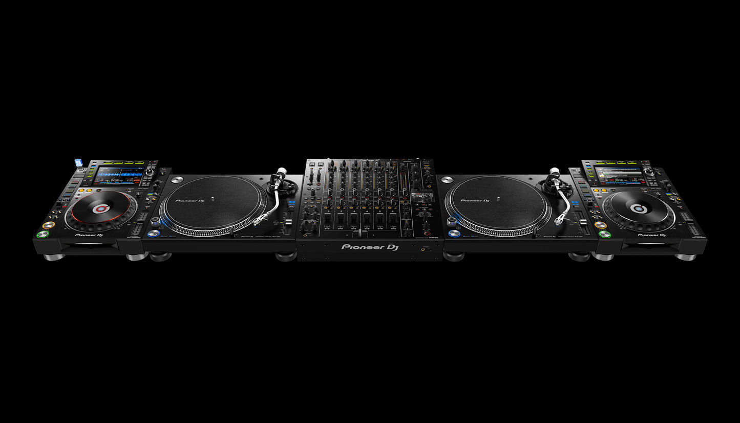 Pioneer DJM-V10, a 6-channel professional DJ mixer designed for creative mixing, displayed with CDJ-2000NXS2 and PLX-1000 turntables.