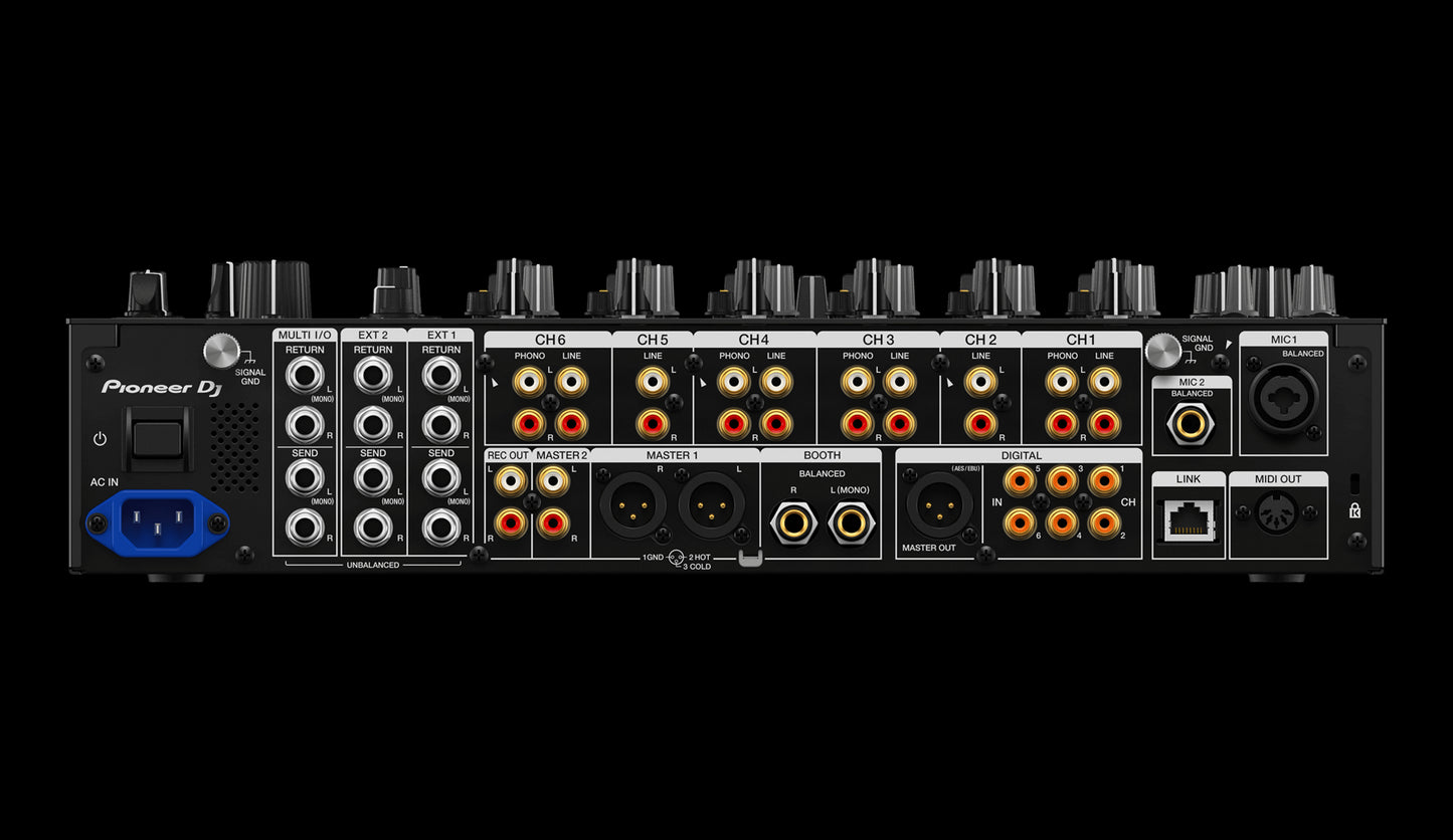 Rear view of the Pioneer DJM-V10 6-Channel Professional DJ Mixer showcasing its connectivity and design features.
