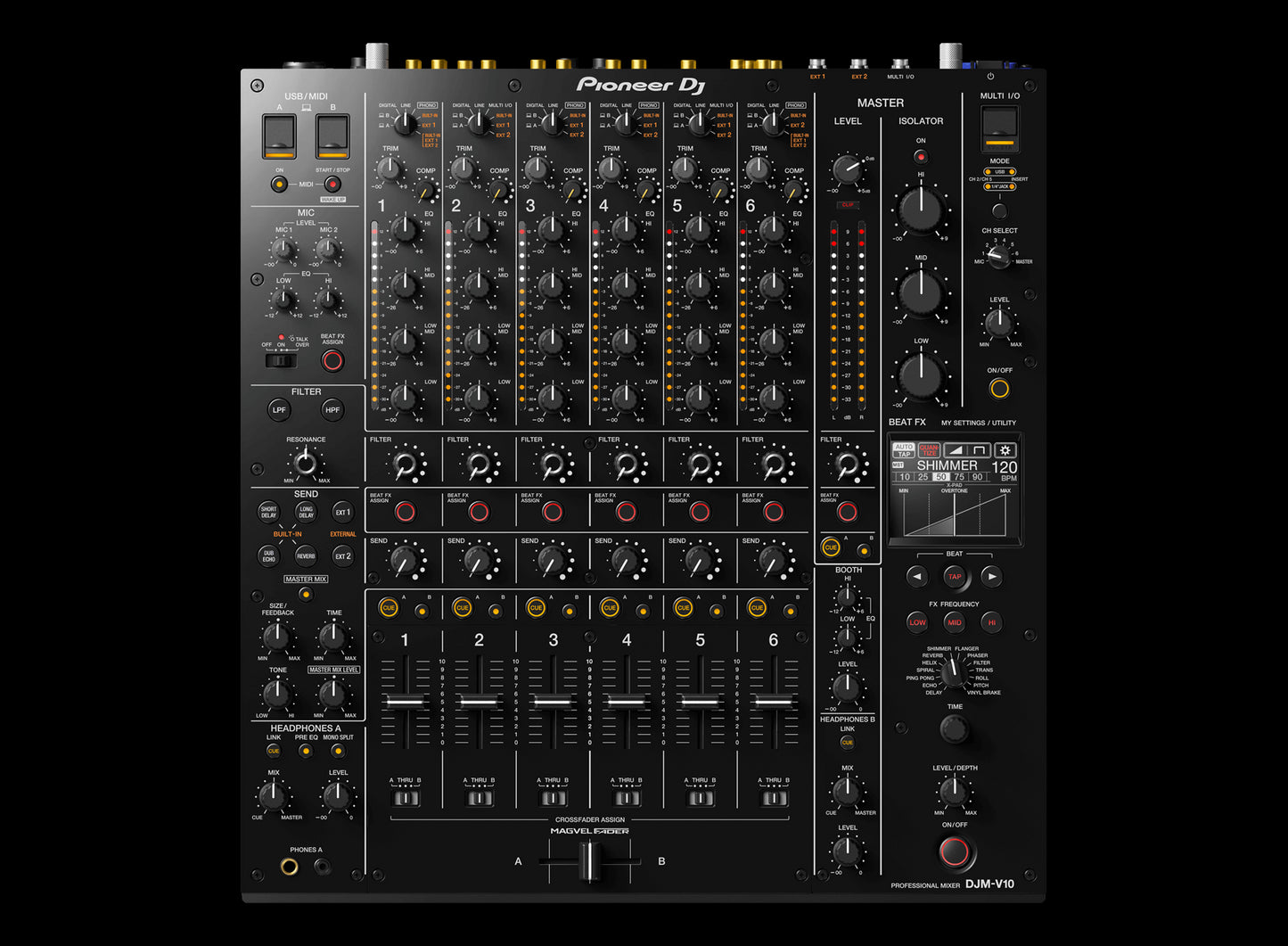 Pioneer DJM-V10 6-Channel Professional DJ Mixer showcasing its sleek design and multiple channels for creative mixing.