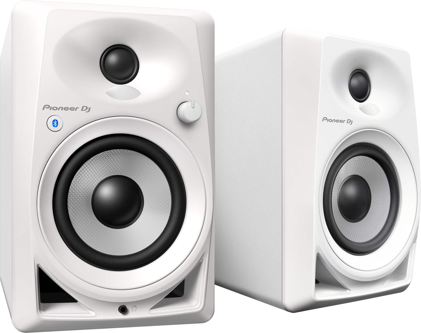 Pioneer DM-40BTW 4" Bluetooth Monitor Speakers in white, designed for versatile home setups, displayed at an angle.