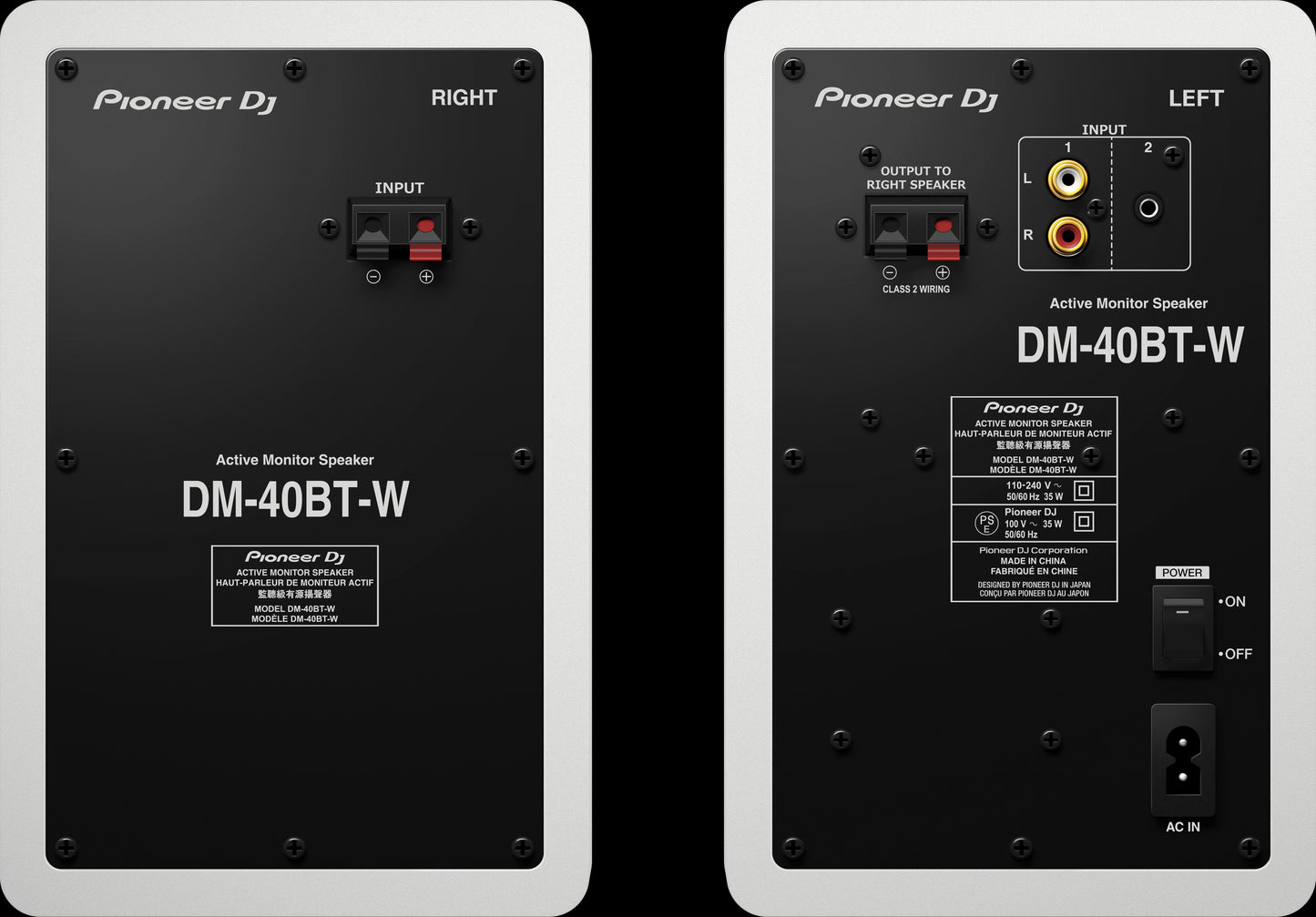 Rear view of Pioneer DM-40BTW 4-inch Bluetooth monitor speakers in white, designed for versatile home setups.
