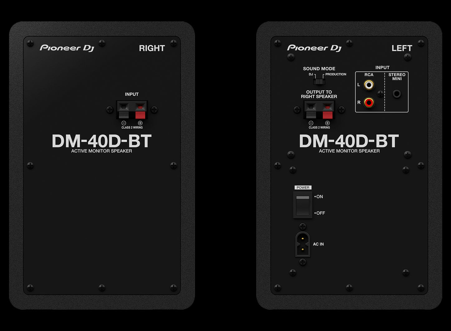 Pioneer DM-40D-BT 4-inch desktop monitor speaker system in black, featuring Bluetooth connectivity, shown from the rear.