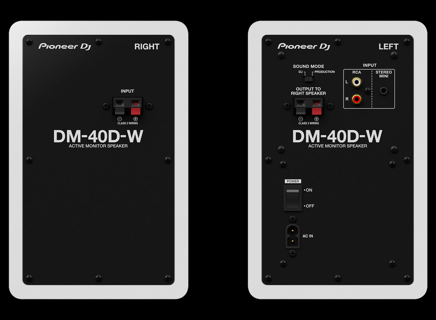 Rear view of the Pioneer DM-40D WH 4" Desktop Monitor Speaker System, showcasing its design and connectivity options for DJing and production.
