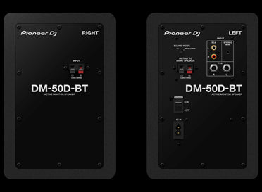 Rear view of the Pioneer DM-50D-BT 5-inch bi-amped Bluetooth desktop monitor speakers in black.