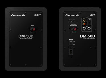 Pioneer DM-50D 5-inch bi-amped desktop monitor speakers in black, showcasing the rear view with connection ports.