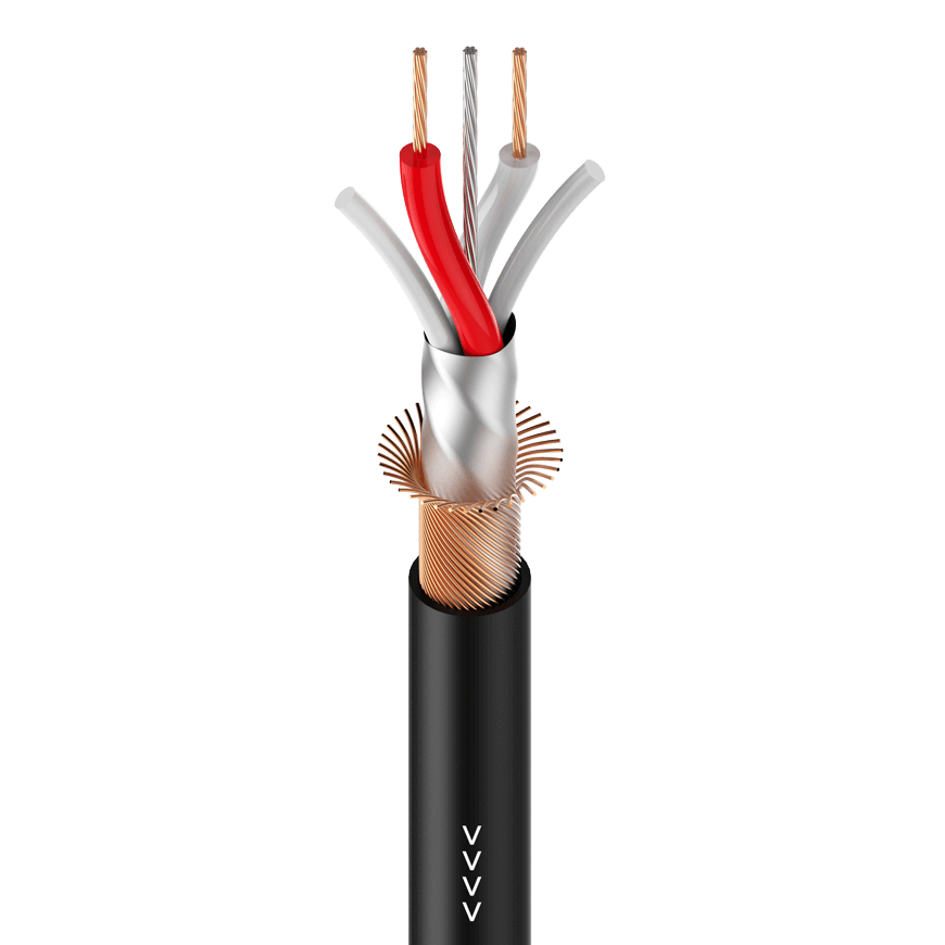 Premium quality ROXTONE DMX cable in black, 5.0mm diameter, 100 meters long, designed for lighting control.