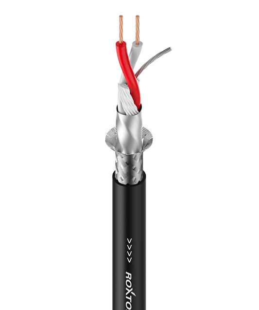 ROXTONE 100M DMX Cable in Black, showcasing high-quality flexible signal transmission.
