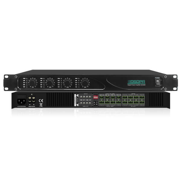 DSPPA DA-4125 Ultra Thin Digital Amplifier with 4 x 120W output, showcasing dual channels and 70V/100V compatibility.