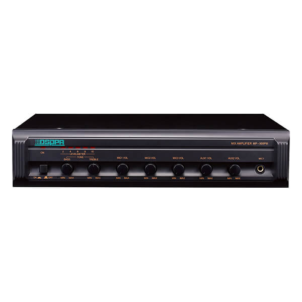 DSPPA MP-300PIII 120W 100V line mixer amplifier featuring 3 microphone inputs and 2 auxiliary inputs.