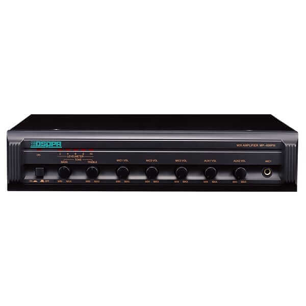 DSPPA MP-600PIII 250W 100V Line Mixer Amplifier featuring 3 microphone inputs and 2 auxiliary inputs.