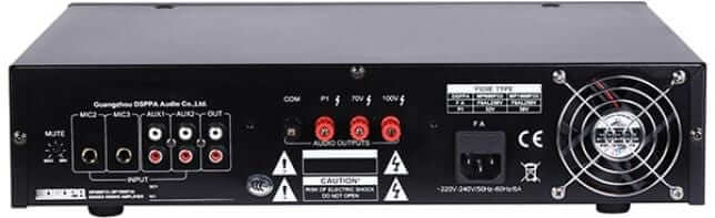 DSPPA MP-600PIII 250W 100V line mixer amplifier featuring 3 microphone inputs and 2 auxiliary inputs.