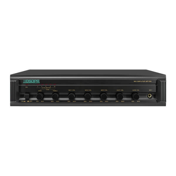 DSPPA MP-600PIII 250W 100V Line Mixer Amplifier featuring 3 microphone inputs and 2 auxiliary inputs.