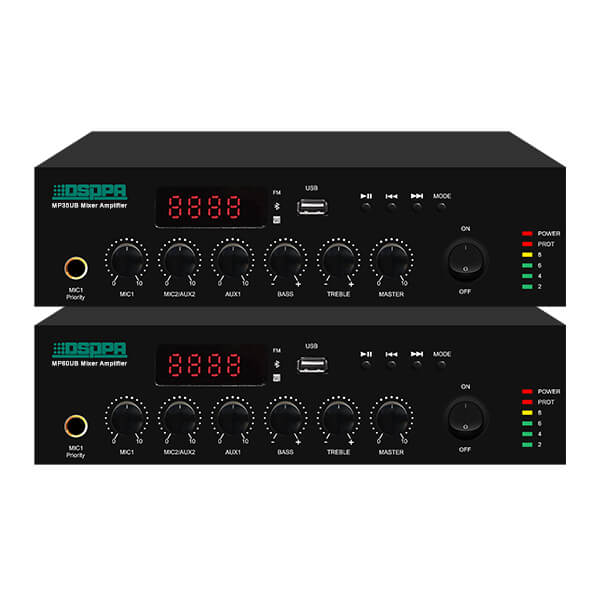 DSPPA MP-60UB - 60W Mini Digital Mixer Amplifier featuring USB connectivity and Bluetooth functionality.
