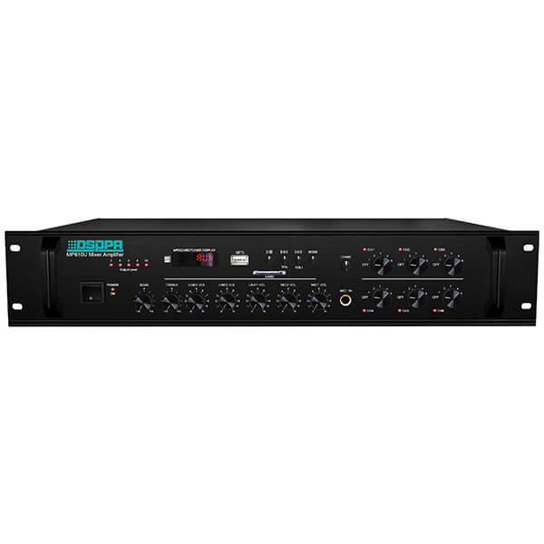 DSPPA MP-610U BT 250W 6-Zone 100V Line Mixer Amplifier with USB, SD, FM, and Bluetooth connectivity.