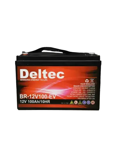 Deltec 12V 100Ah Lead Acid Deep Cycle Battery displayed against a white background.