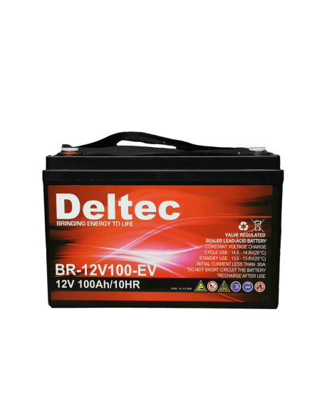 Deltec 12V 100Ah Lead Acid Deep Cycle Battery displayed on a white background.