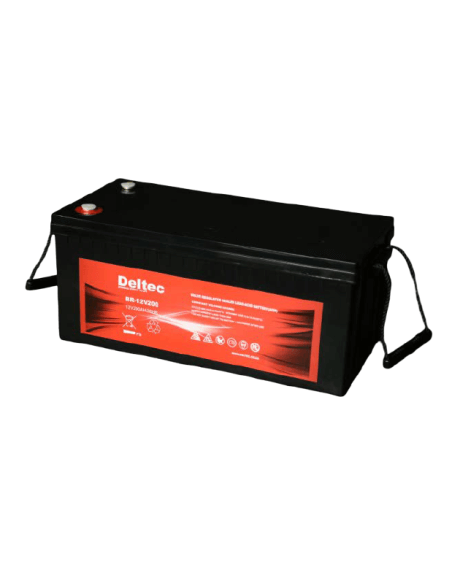 Deltec 12V 200Ah AGM Battery displayed on a white background.