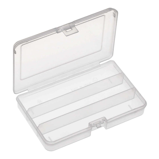 Transparent polypropylene organiser box with three compartments, ideal for compact storage solutions.